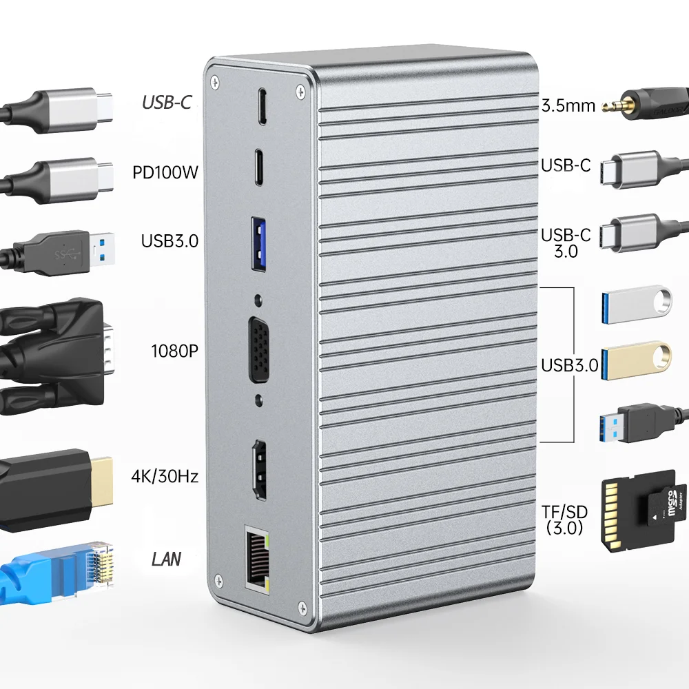 

13в1 USBC-концентратор с двумя мониторами HDTV VGA Ethernet 3 USB-порта 100 Вт PD SD TF Card Reader Универсальная док-станция для ноутбука MacBook