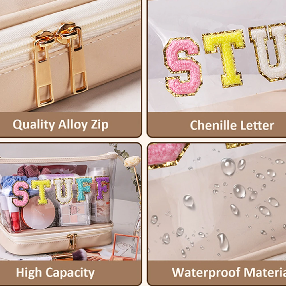 Trousse de maquillage en chenille avec fermeture éclair pour femmes et filles, sac cosmétique transparent, poudres en PVC, trucs de voyage