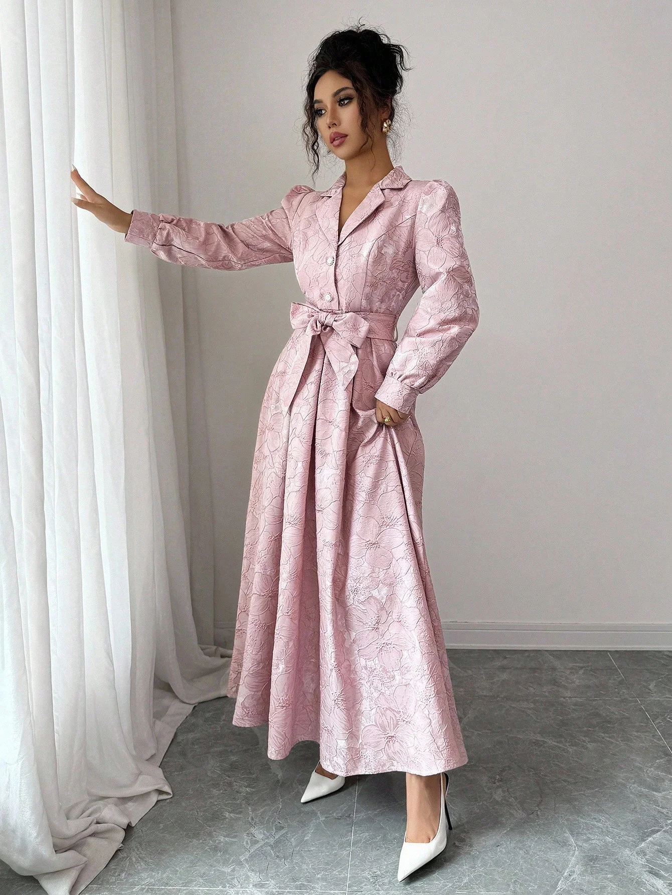 

Elegant Jacquard A-Line Long Sleeve Cinched Waist Front Closure Midi Dress For Women