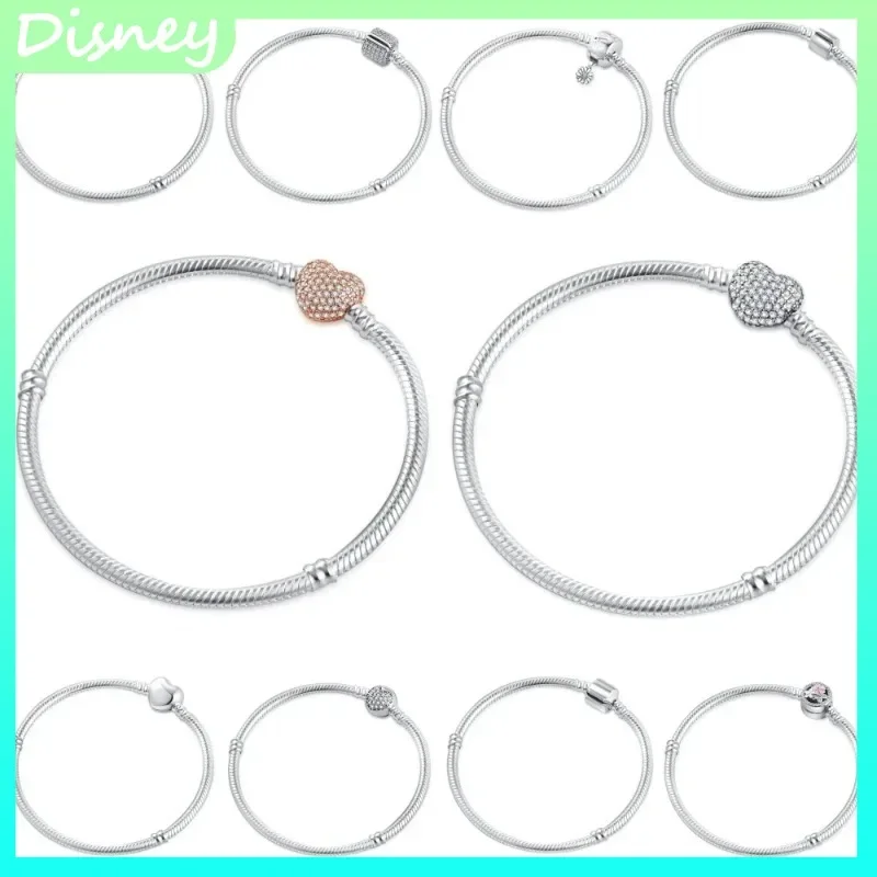 

2025 European Style 925 Sterling Silver Flower Heart Clip Clasp Snake Chain Bracelet - 16-21cm - Charm Jewelry Accessory Gift