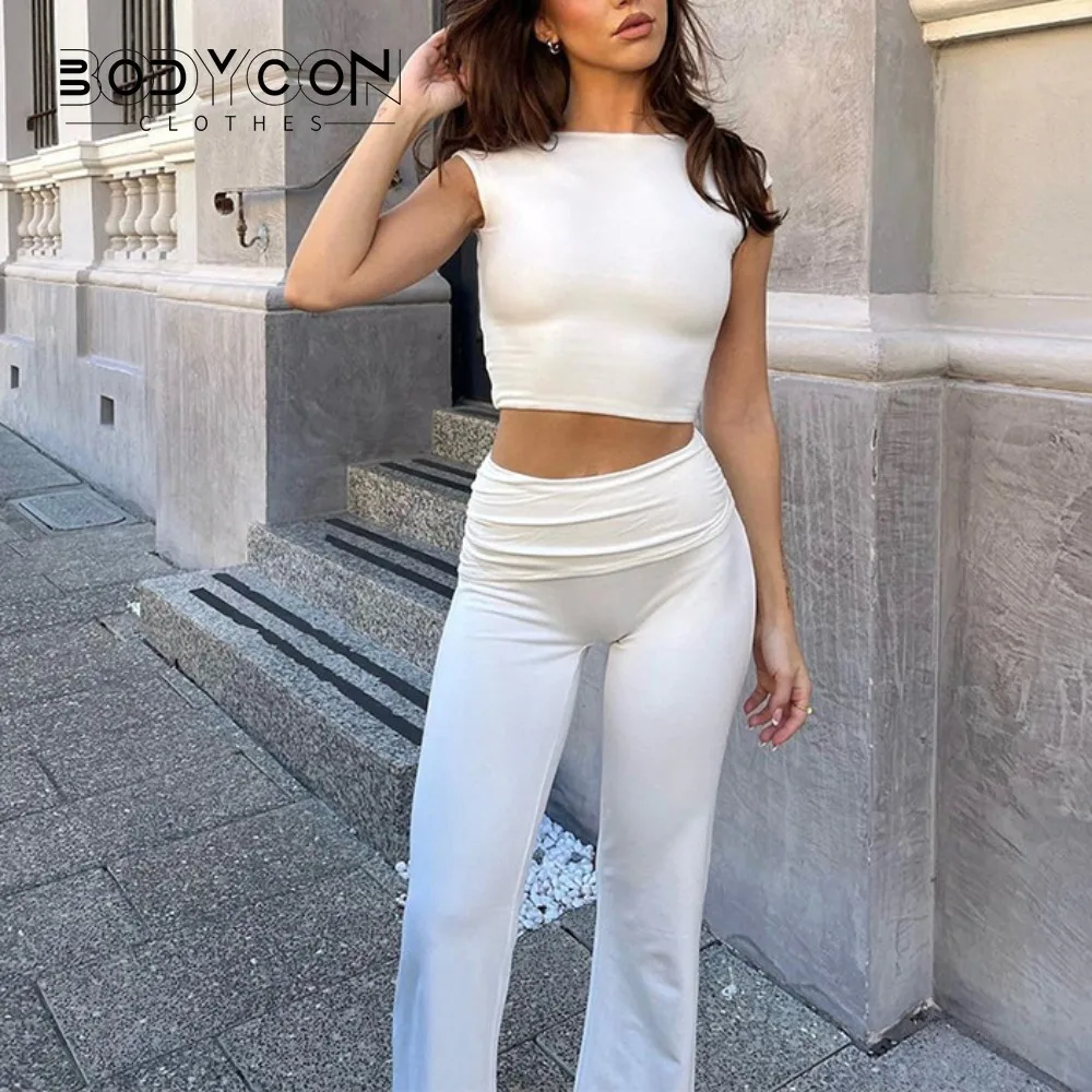 

Women Open Back Crop Tank Top Fold Over Flare Pants Set Women Solid Crew Vest Low Rise Trousers Slim Outfit Hottie Leisure Suit