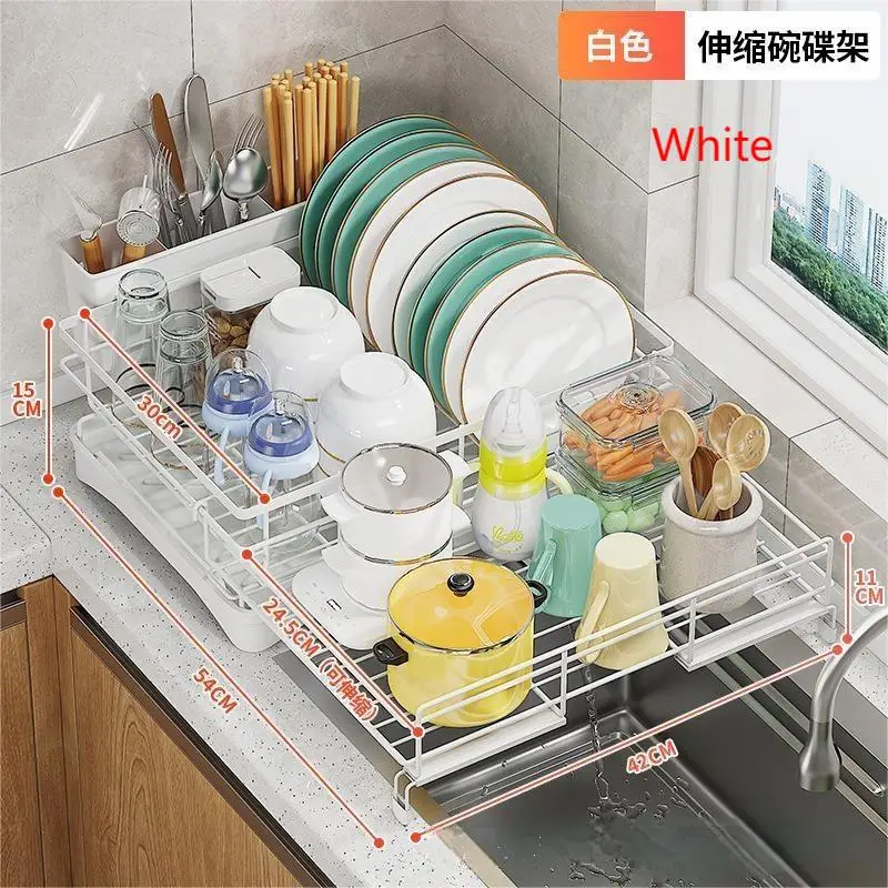 Large Capacity Rotating Dish Drying Rack - Pull-out Drain Tray, No Assembly, Ventilated & Adjustable Slots for All Utensils