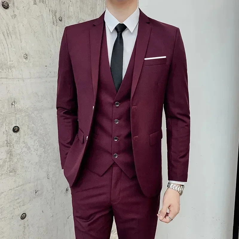 Blazers Jacket Pants Vest 3 Pcs Set / 2023 Fashion New Men\'s Casual Boutique Business Solid Color Slim Dress Suit Coat Trousers