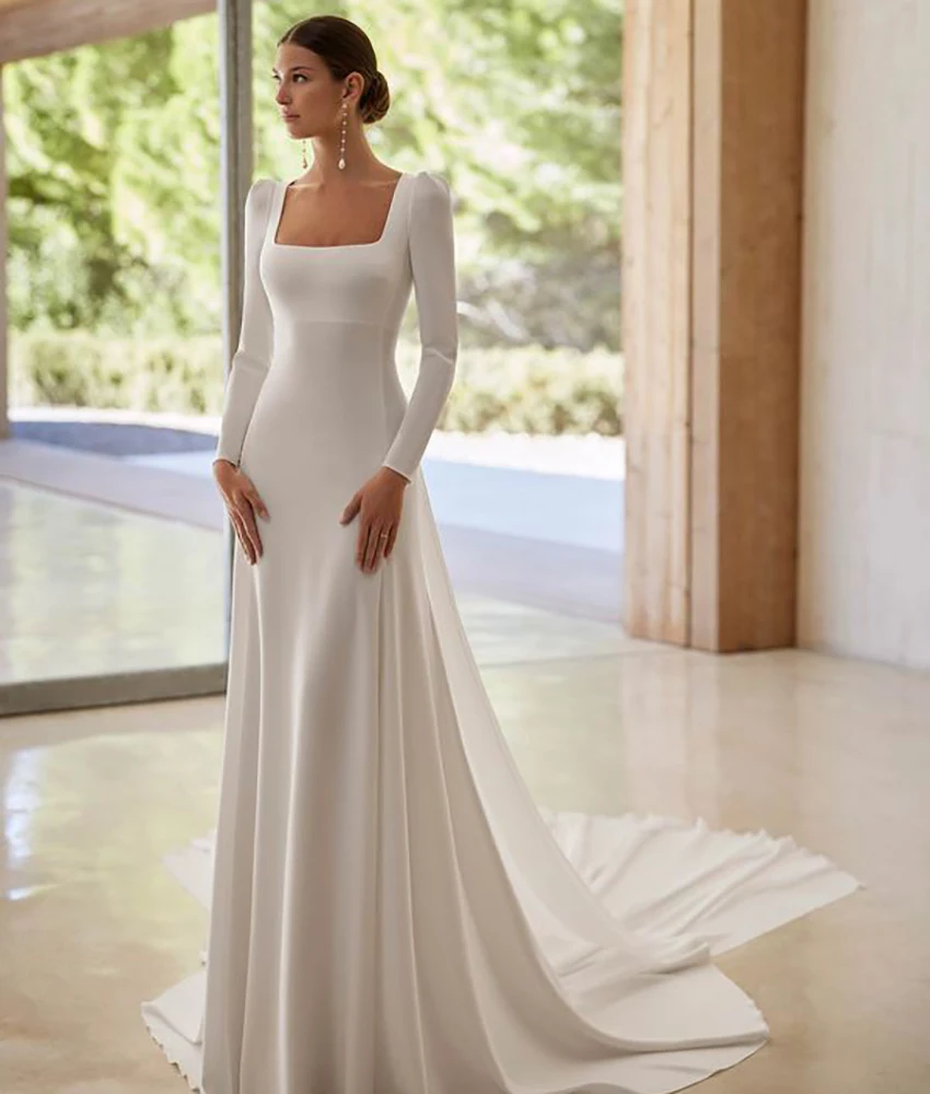 

Customized Elegant Satin A-Line Buttons Evening Dress High Quality Long Sleeves Square Neck Floor Length Celebrity Gowns