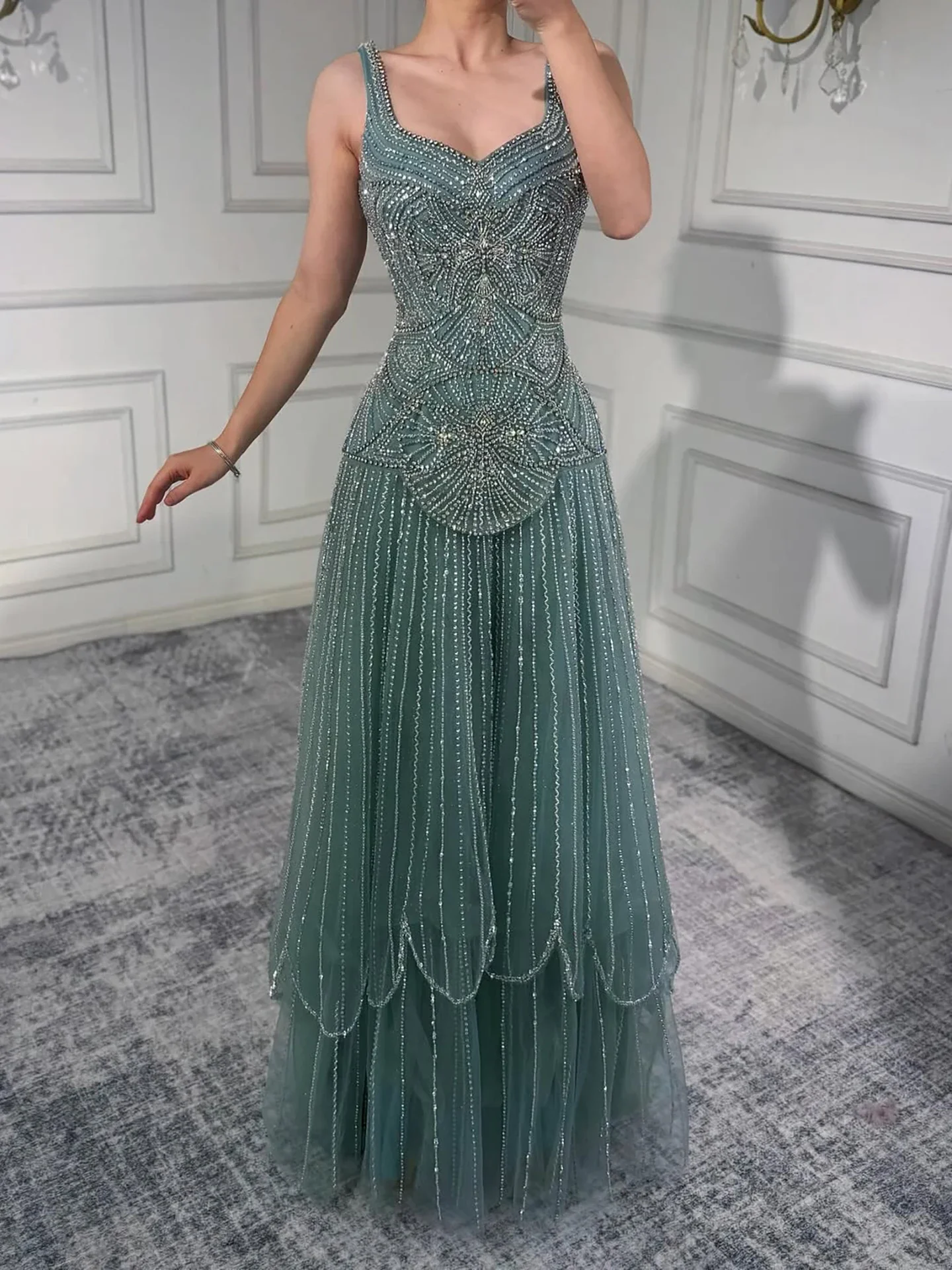 Aenyrst Luxury Spaghetti Strapless Sequins Elegant Beaded A-Line Evening Dress Formal Party Gown Exquisite Customized image 3