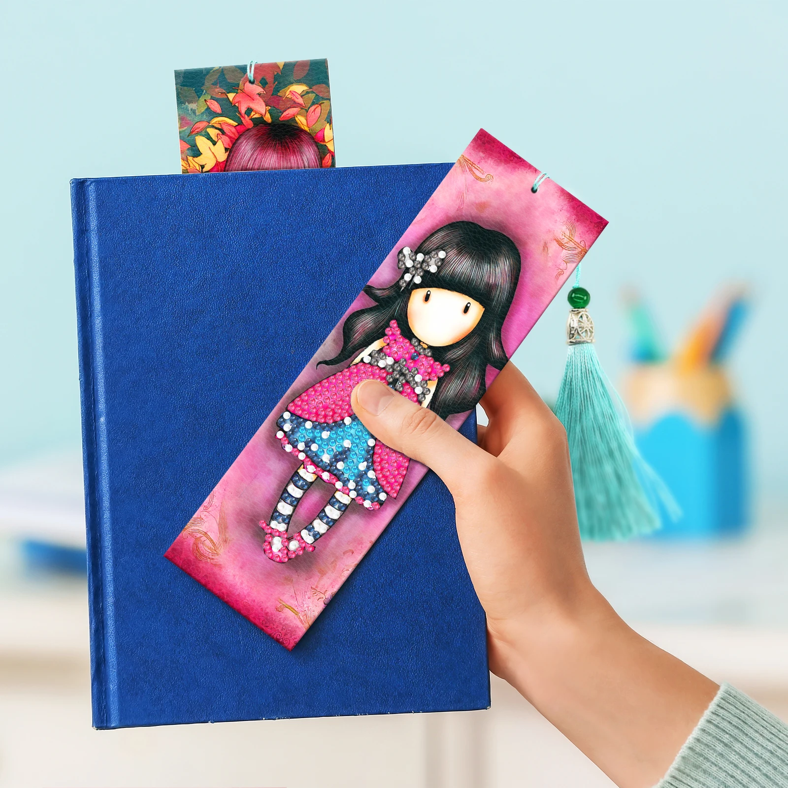 Cartoon Girl Bookmark PU Diamond Painted Bookmark 2-piece Set Diamond Embroidery DIY Gift Handmade Art