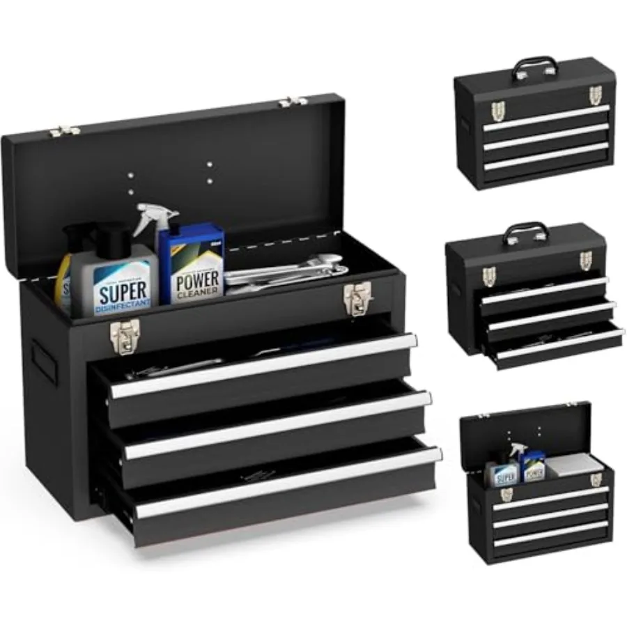 

Portable Metal Tool Box 3 Drawer Steel Tool Box with Top Storage Tray and carrying Handle Multi-Function Tool Storage with Anti