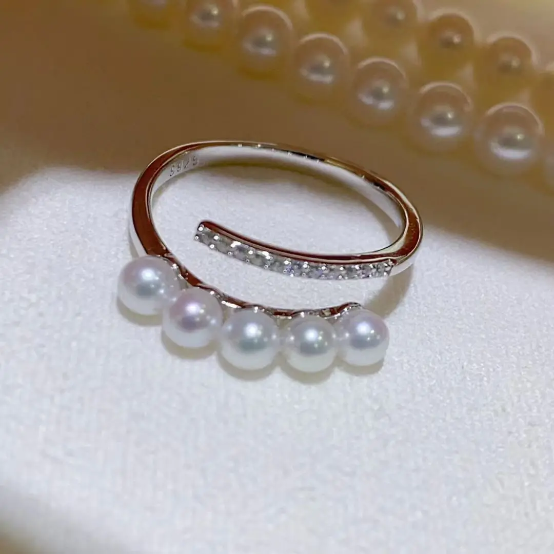 

Certificated 925 Silver Freshwater Aurora Pearl Rings 3-4mm White Round Natural Tiny Pearl Two-layer Finger Band Elegant Jewelry