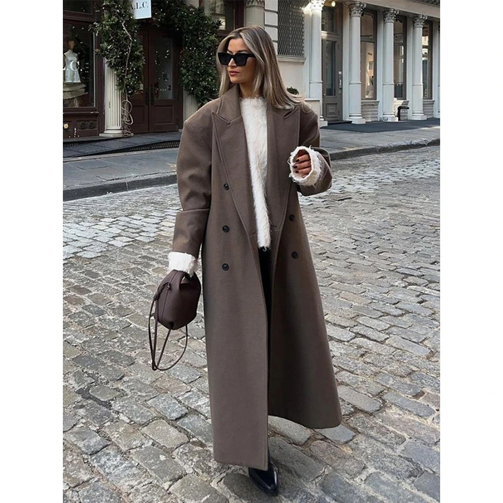 

Длинное шерстяное пальто Ele, осенне-зимнее женское модное двубортное пальто с воротником, повседневное свободное цветное пальто