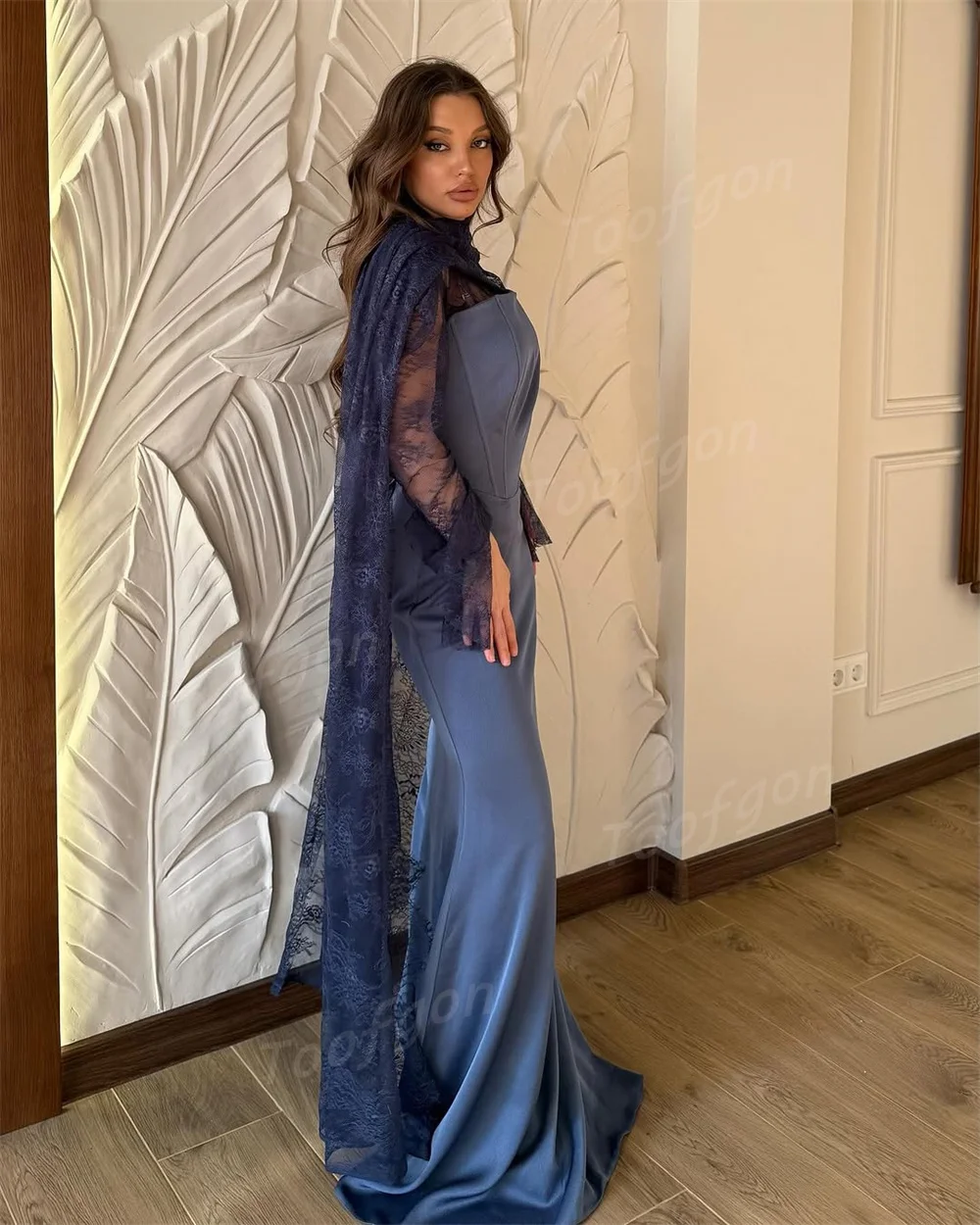 Toofgon Hoge Hals Marineblauw Zeemeermin Avondjurken Aangepaste Zijde Satijn Lange Kanten Mouw Galajurk Vrouwen Formele Feestjurk