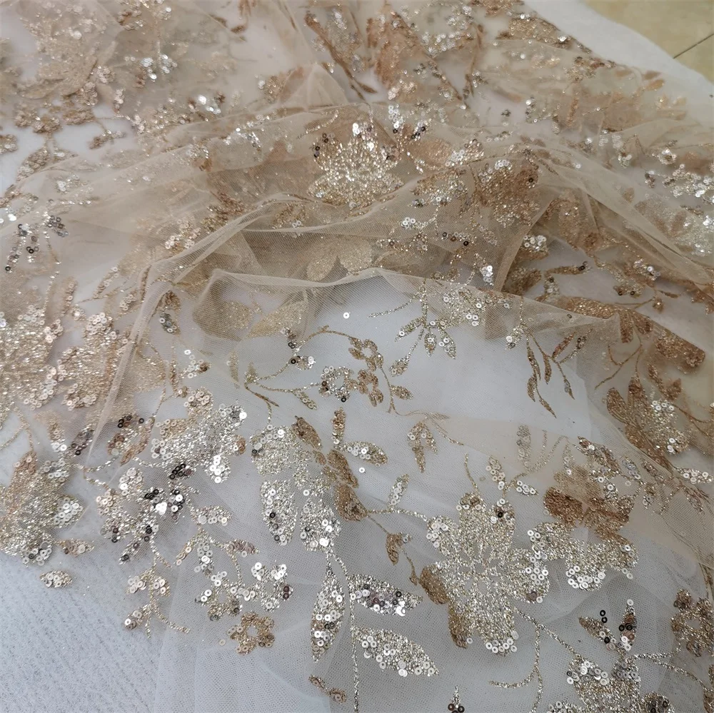 Glued Glitter Fabric For Dresses Rose Gold Shiny Tulle Glitter Fabric 1Yard Wide 150cm Bronzing Flower For Party