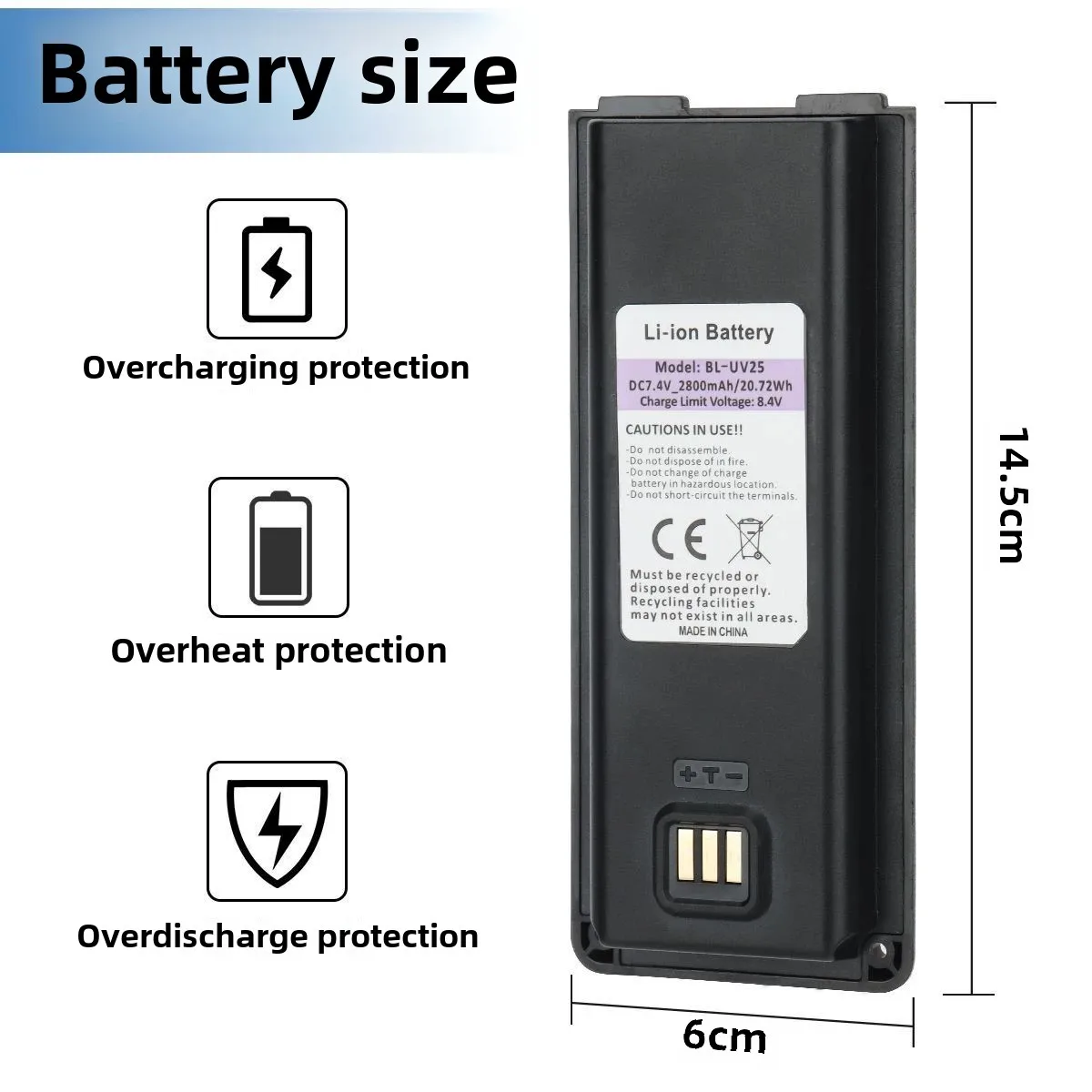 For BAOFENG UV-25L Walkie Talkie Battery Type-C Charge BL-UV25 High Capacity Li-ion for BF-UV25L Portable Two Way Radios Battery