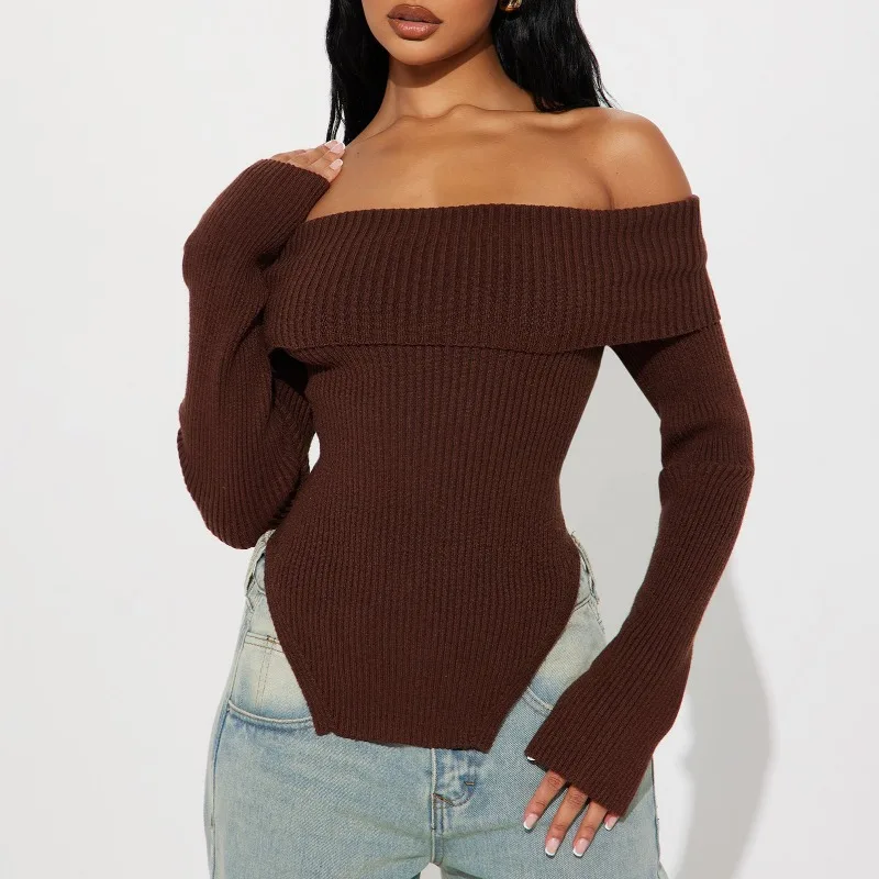 

Fall Winter Long Sleeve Knit Tops Pullovers Slash Off Shoulder Slim Woman Sweater Women Vintage Ribbed Irregular Slit Knitwear
