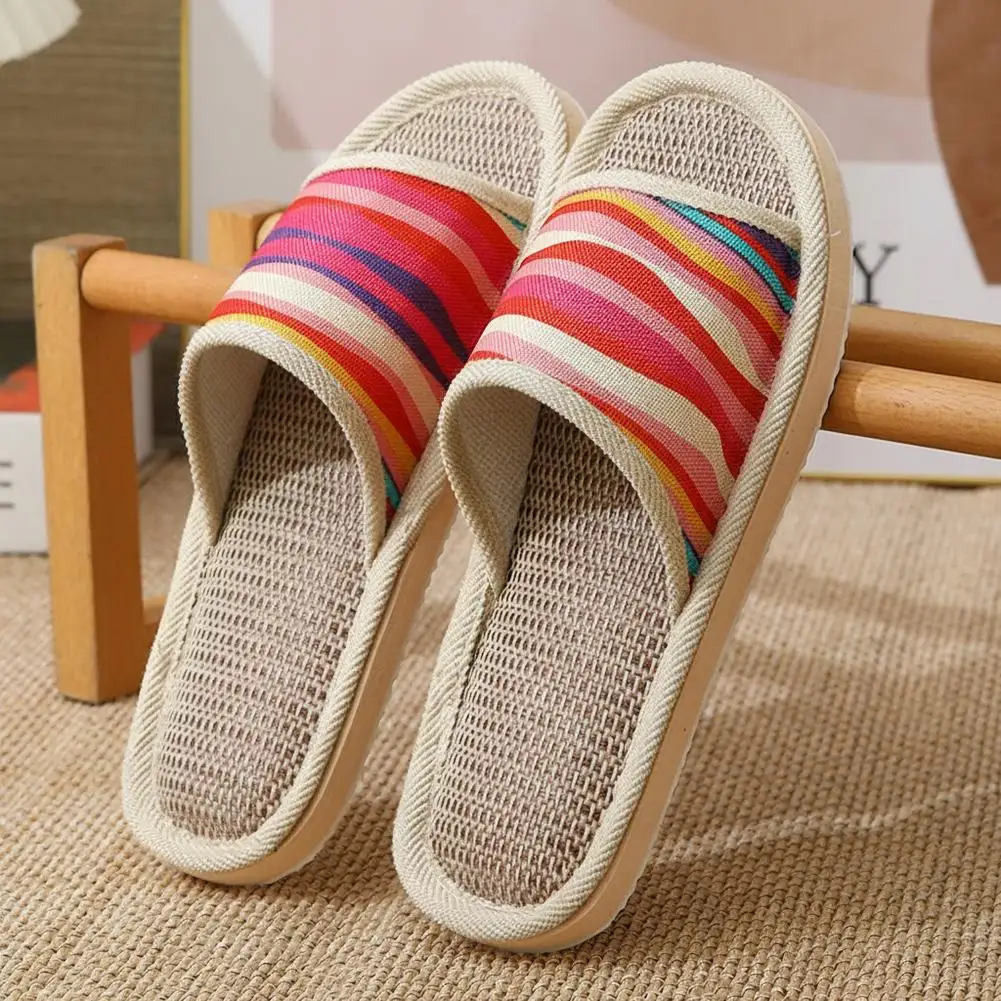 Four Season Couple's Multicolor Linen Slippers Women Indoor Striped Non-Slip Sandals Men Comfort Indoor Floor Breathable Slides image 6