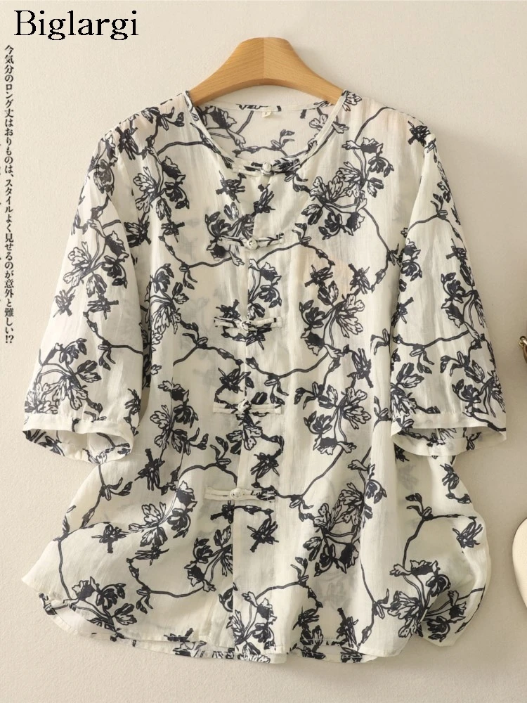 

Oversized Summer Chinese Style Shirts Women Vintage Fashion Flower Floral Print Ladies Blouses Loose Woman Shirt