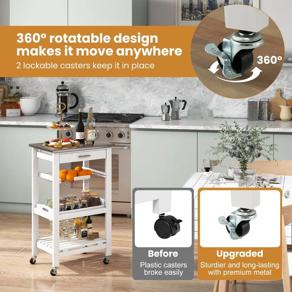 عربة مطبخ خشبية بيضاء مكونة من 4 طبقات مع عجلات ودرج، عربة أدوات دوارة لاستخدام القهوة وجزيرة المطبخ