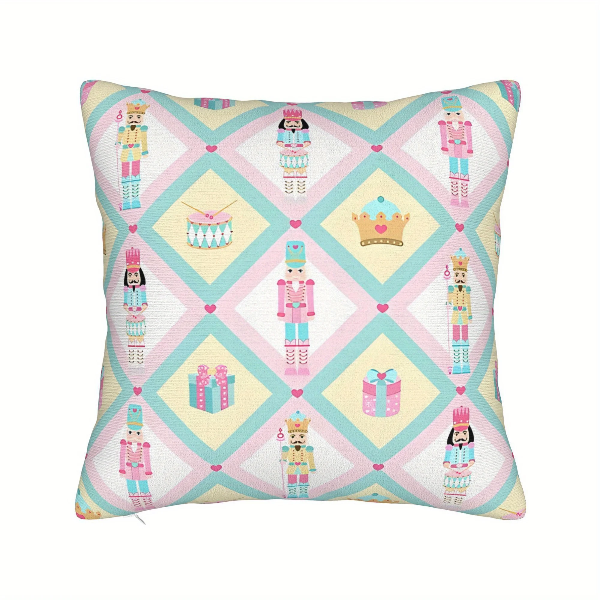 Nutcracker Soldier & Princess Throw Pillow Cover Holiday Design with Gift Boxes Crown, Polyester, Machine Washable 1pc