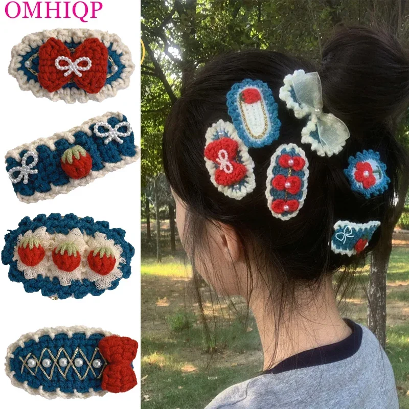 1 Pcs Handmade Crochet Blue-red Series Hairpin Wool Side Clip  Hair Clips for Girls  Korean Accessories