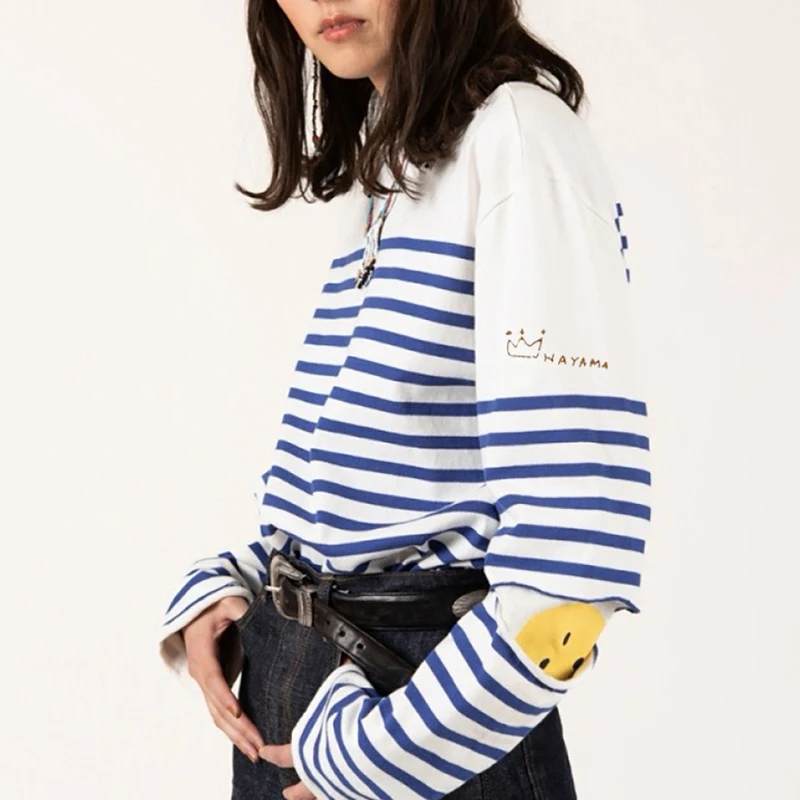 

Новая зимняя хлопковая футболка с длинным рукавом 2026 года, с вышивкой в виде короны и улыбающегося лица, модная, приталенная, в японском стиле, женская