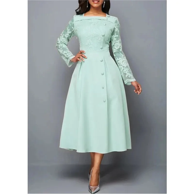 

Dresses for women elegant Long Sleeve Lace Stitching High Waist big hem mid-length Oversized Dresses For Women