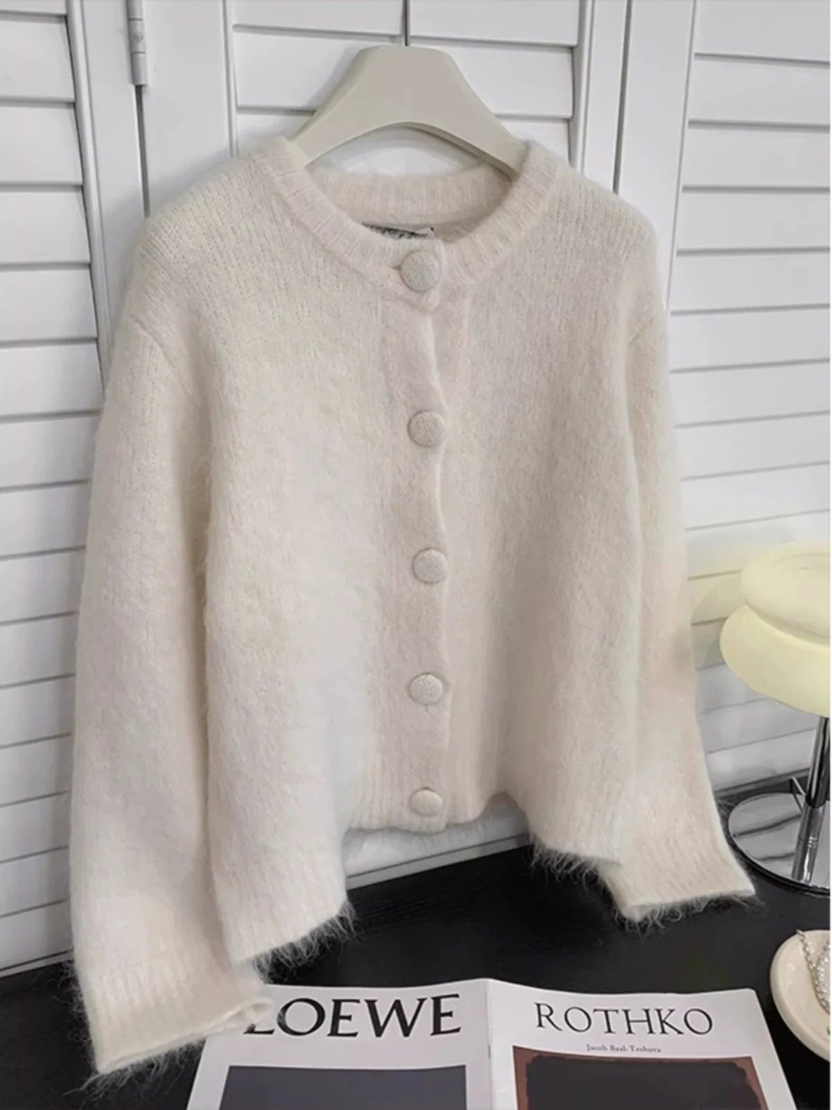 Chic Fashion 2024 Autumn Winter Soft Mohair Knitted White Loose Sweater Cardigan For Women Single Breasted O Neck Warm Lazy Tops