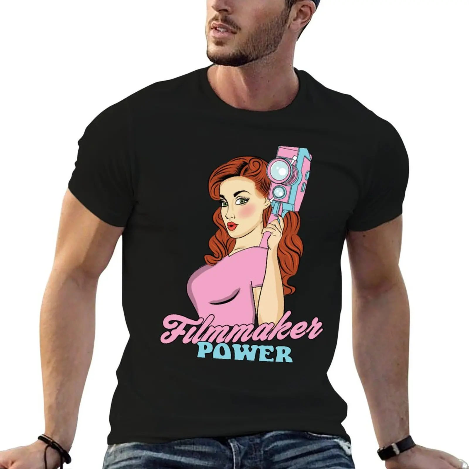 Retro Filmmaker Girl Cartoon Art T-Shirt Large Size Basic Casual T-Shirt