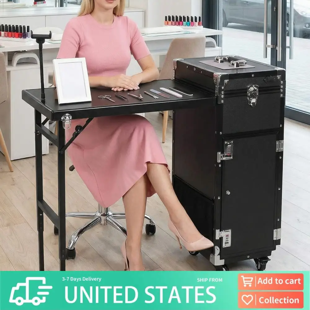 Portable Nail Table Desk with Wheel & Drawers Foldable Rolling Manicure Table Large Capacity for Mobile Nails Techs & Salon Use