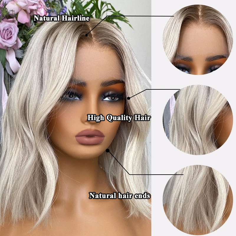 Short Wavy Ash Brown Highlight Synthetic Bob Lace Front Wigs Colored Dark Roots Ash Blonde Wig For Women Daily Use Pre Plucked