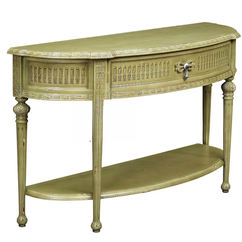 Antique half-moon porch table, faux sage green finish, carved drawers and grooved legs, porch cabinet