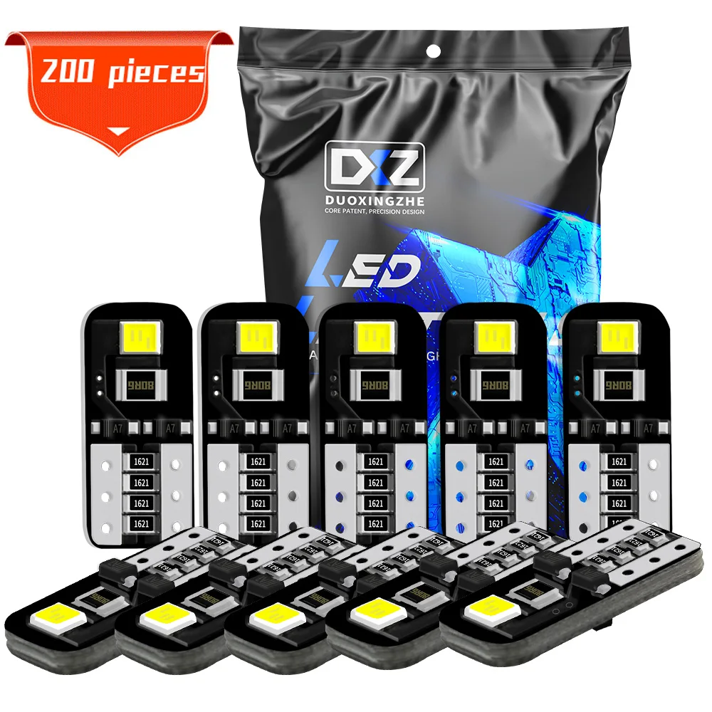 DXZ 200PCS W5W LED T10 LED Bulbs Canbus 168 194 2-SMD White Car Interior Dome Map Light Parking Lights Error Free Auto 12V 6000K