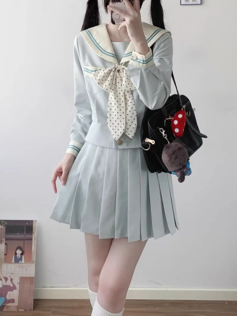 Japanese Summer and Autumn Green College Feng Shui Hand Collar Jk Uniform Waist School Pleated Skirt Suit For Women