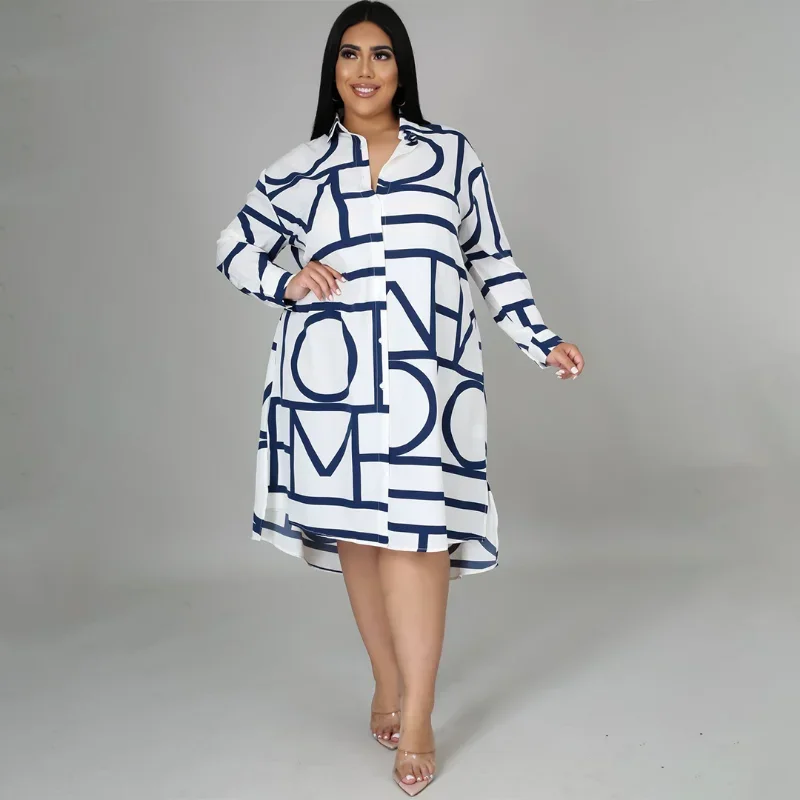 KEXU Print Women Plus Size Dress Spring Streetwear 2024 Full Sleeve Single Breasted Loose Straight Knee Length Casual Dresses