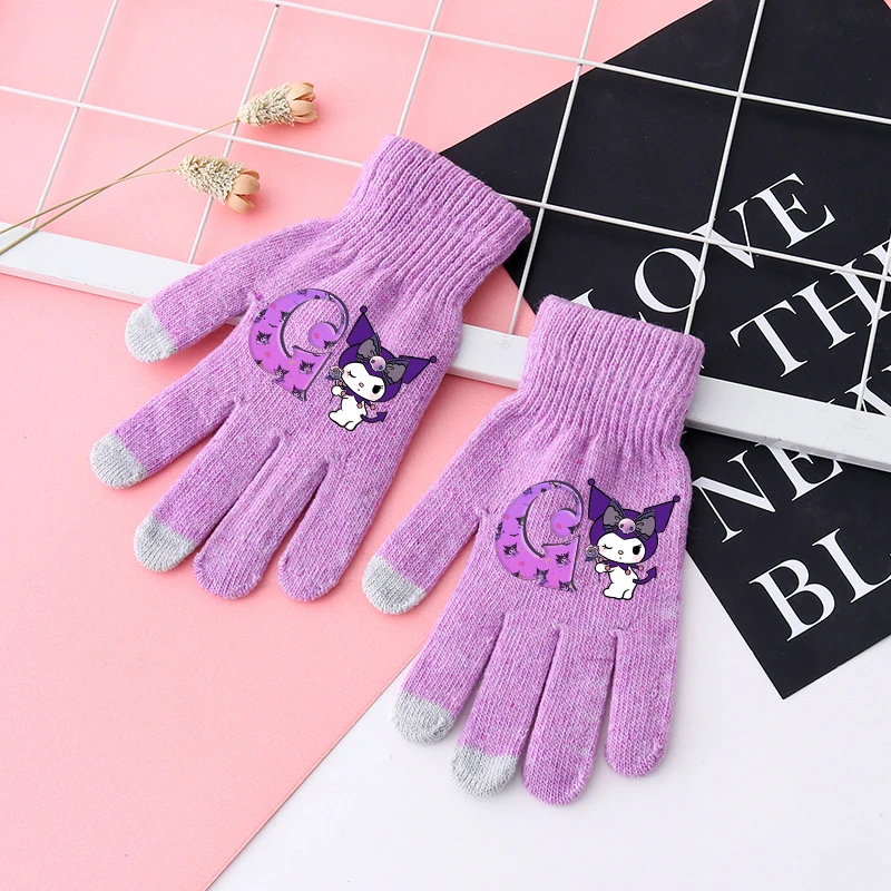 Kuromi Gloves Anime Sanrio Printed Letter A-Z Screen Gloved Kids Winter Warm Fashion Fingers Mittens Accessories Children Gift