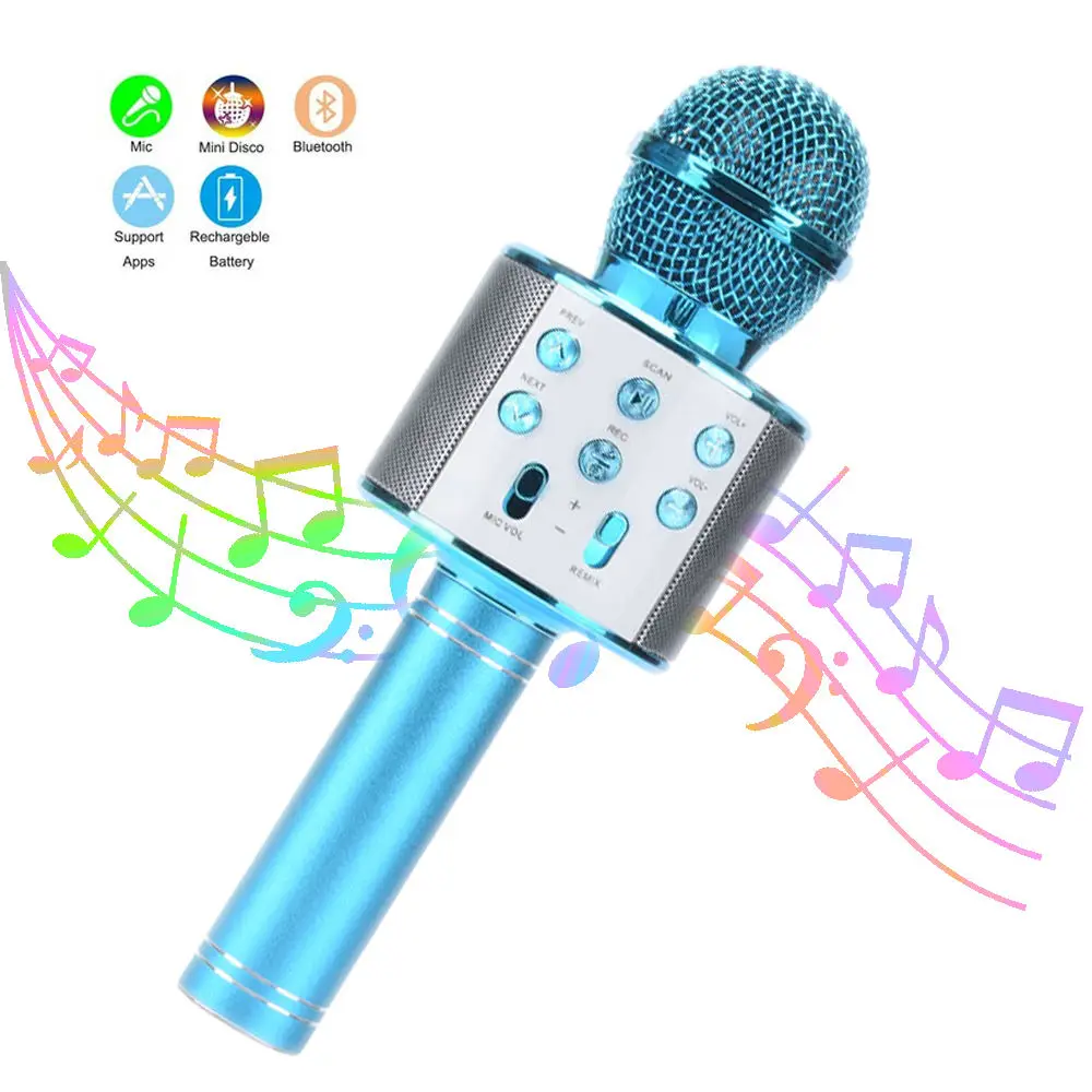 Microfone de karaokê sem fio Bluetooth, alto-falante de microfone de karaokê com rádio FM Remix ajustável para crianças, meninas, meninos, adolescentes, aniversário