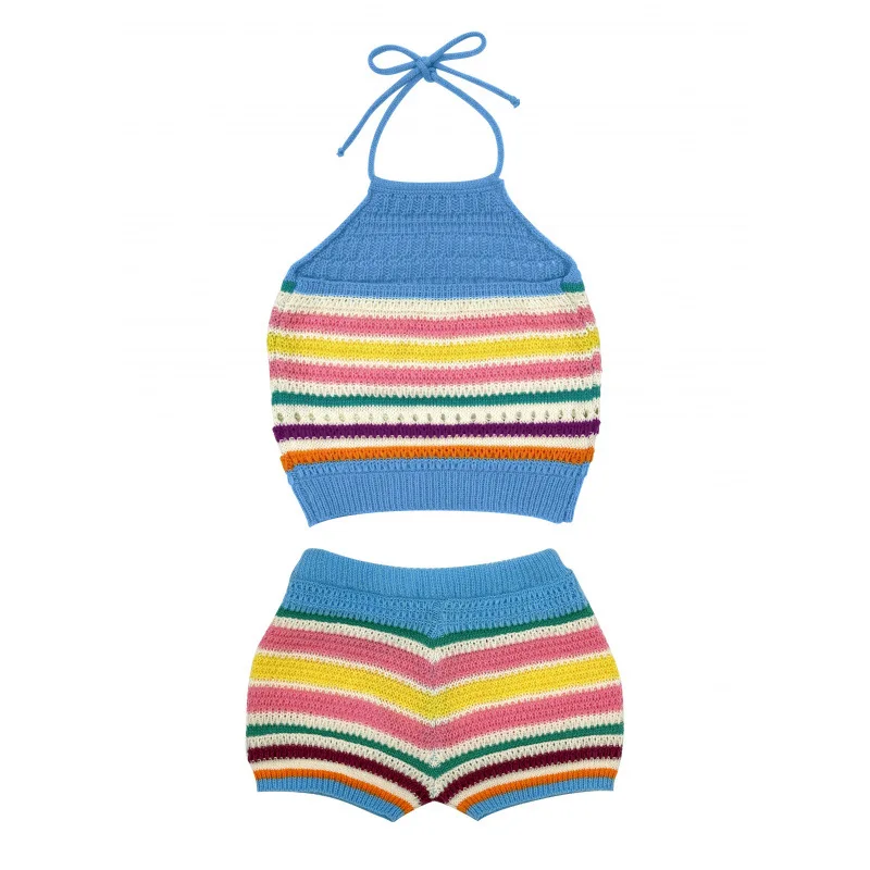 Summer Color Stripe Knitted Short Two Piece Set Women Sexy Slim Halter Neck Cropped Top Tight Shorts 2 Piece Sets Trend Hot Girl
