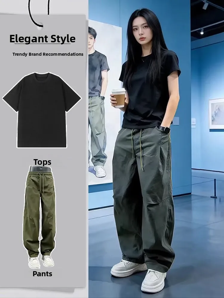 

Green American Style Curved Blade Pants Short Sleeve Black T-Shirt Fashion Set for Men Summer Trend High-End Feeling