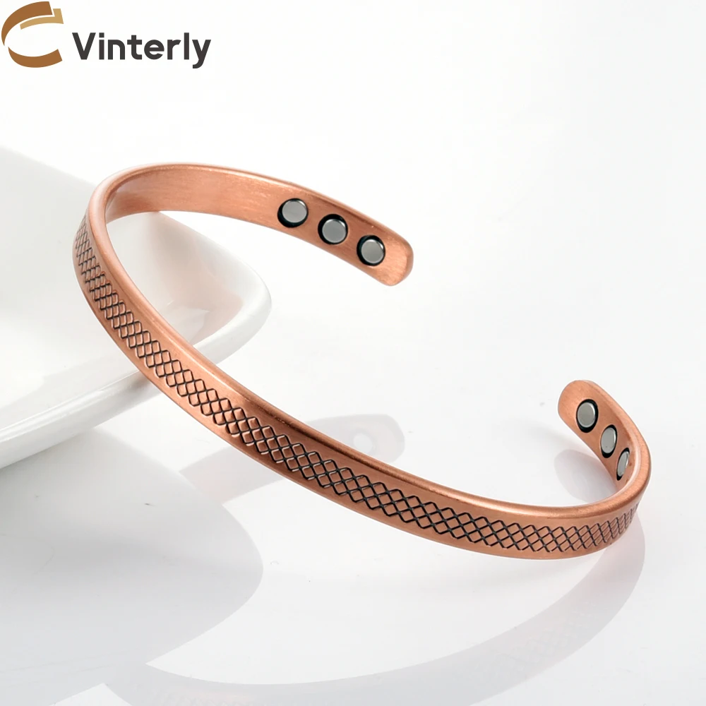 Vinterly Armbänder aus reinem Kupfer, magnetisch, verstellbar, 6 mm breit, offene Manschette, hoher Magnet, Gesundheit, Energie, Armreif für Damen, größenverstellbarer Schmuck