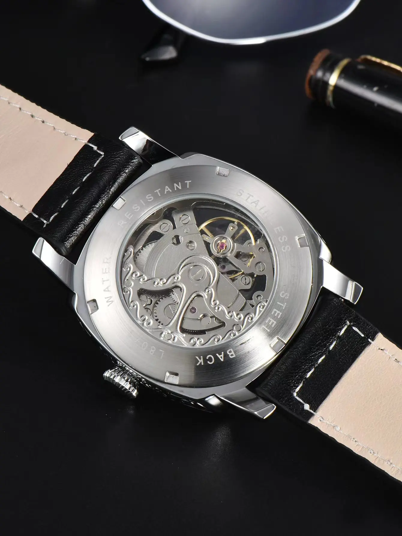 LONGLUX orologio automatico stile retrò orologi da polso meccanici all'ingrosso scheletro scolpito in pelle impermeabile senza logo orologio da uomo