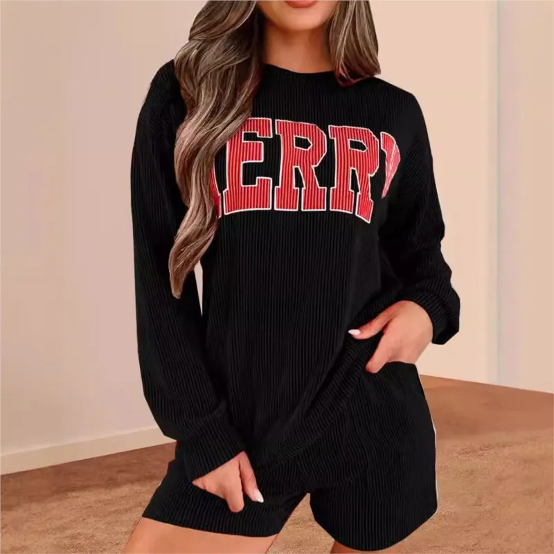 

Women Fashion Merry Letter Graphic Printing O-neck Long Sleeve Top Shorts Pockets Matching Lounge Set Loungewear Sweatsuit Suits