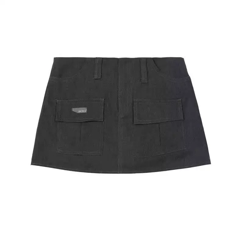 Jupes cargo grises rétro pour femmes avec poches