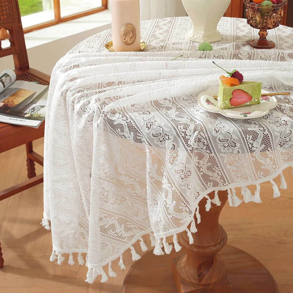 

French Hollow Lace Round Tablecloth Wedding Banquet Decoration Soft Flower Tassel Luxury Table Cover Cloth Wedding Special Use