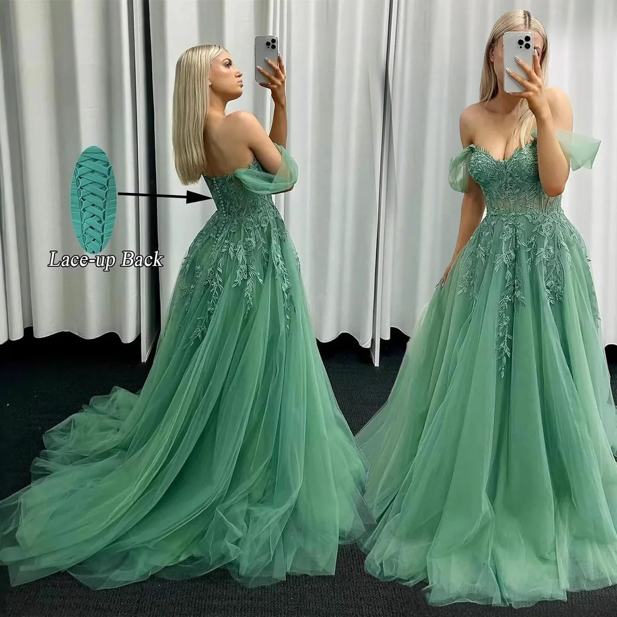 Sexy A Line Tulle Lace Applique Boat Neck Evening Bridesmaid Dresses Wedding Party Formal Prom Birthday Floor Length Sweep Train