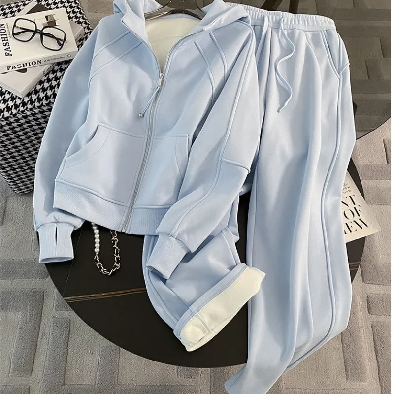Herbst Casual Fleece Futter Sweatshirt Hosen Set Frauen Mode Mit Kapuze Zipper Jacke + Kordelzug Breite Bein Hosen Solide Trainingsanzug