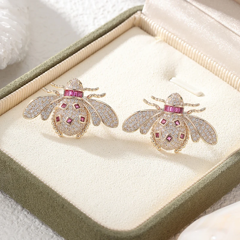 Fashion Color Zircon Stud Earrings Silver,Gold Plated Pave Setting Clear CZ Ladybug Design Women Earrings for Party Jewelry Gift
