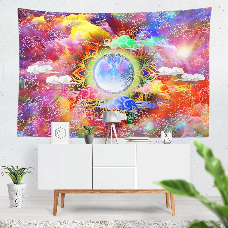 

Meditation in the Moon Funny Yoga Tapestry Colorful Energy Cloud Wall Hanging Reiki Home Decoration Tapestries Large Wall Cloth