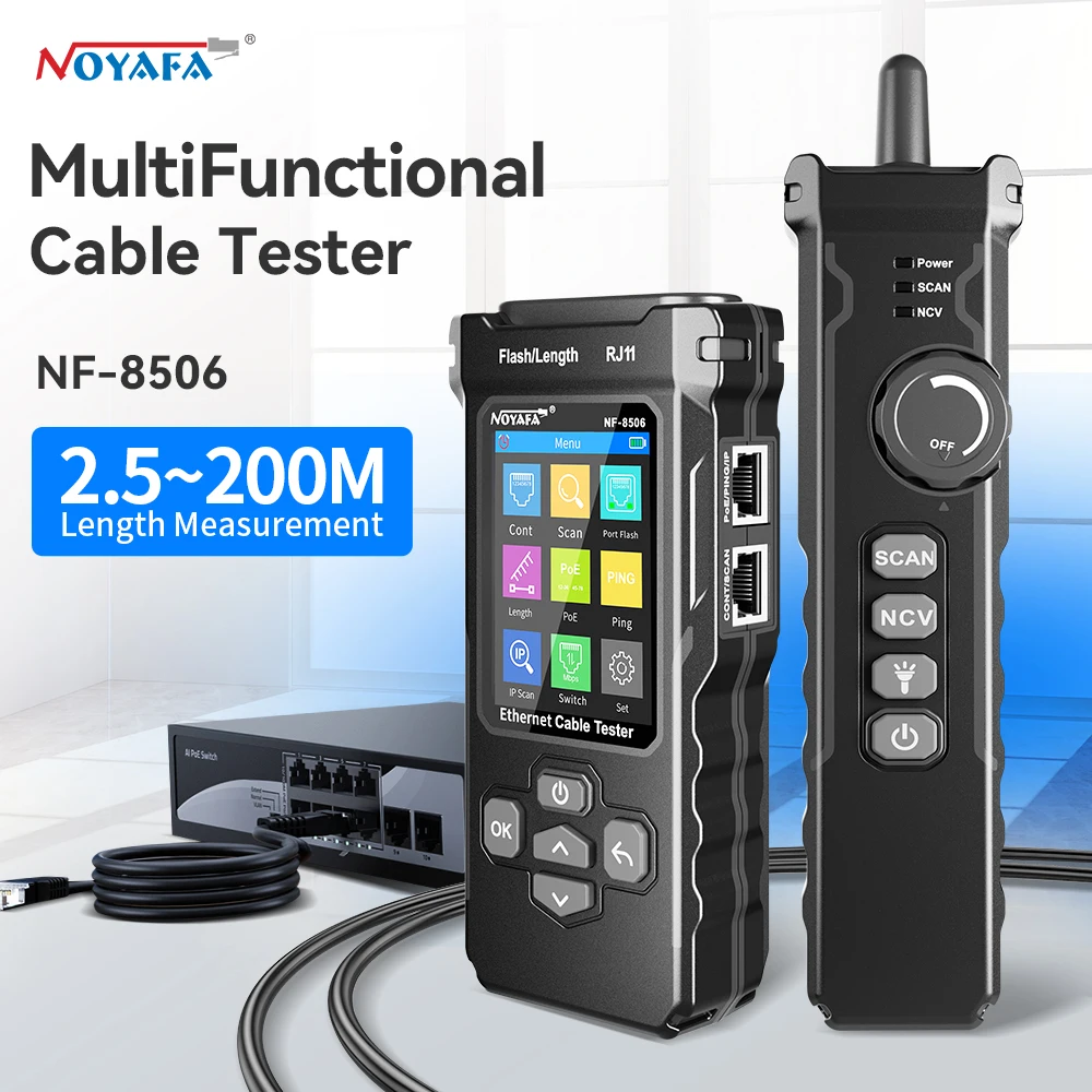 NOYAFA NF-8506 Tester kabli Ethernet z testem PING/skanuj IP Tester kabli sieciowych RJ45 RJ11 Narzędzia sieciowe do śledzenia kabli
