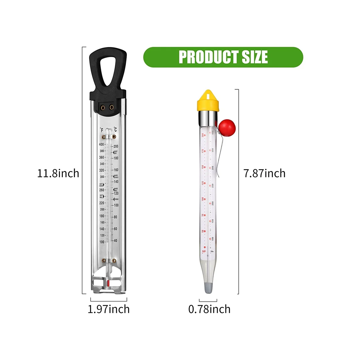 2Pcs Sugar Thermometer with Pot Clip, Stainless Steel Sugar Syrup Jelly Oil Deep Fry Thermometer with Hanging Hole