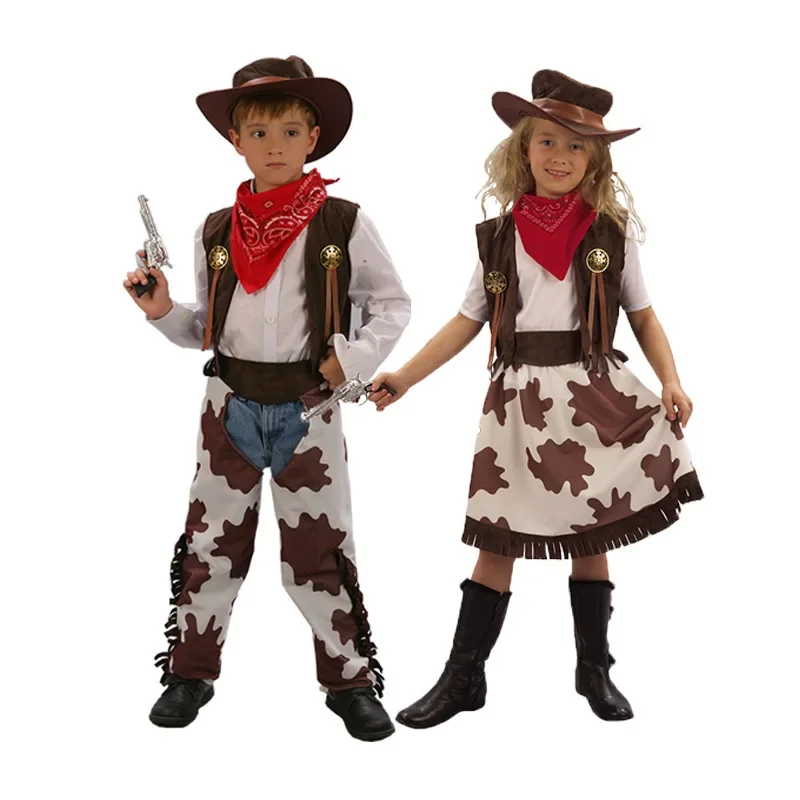 Disfraz de vaquero del oeste para niños y adultos, traje de actuación para Halloween, fiesta de máscaras, chalecos, sombrero, bufanda, vestido, conjuntos de lujo para niño