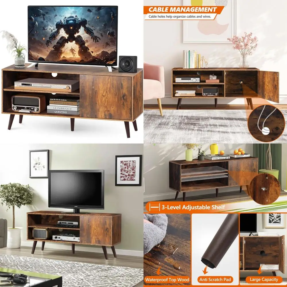 Retro Brown Wooden TV Stand for 55 Inch TVs - Modern Entertainment Center with Storage Cabinet for Bedroom