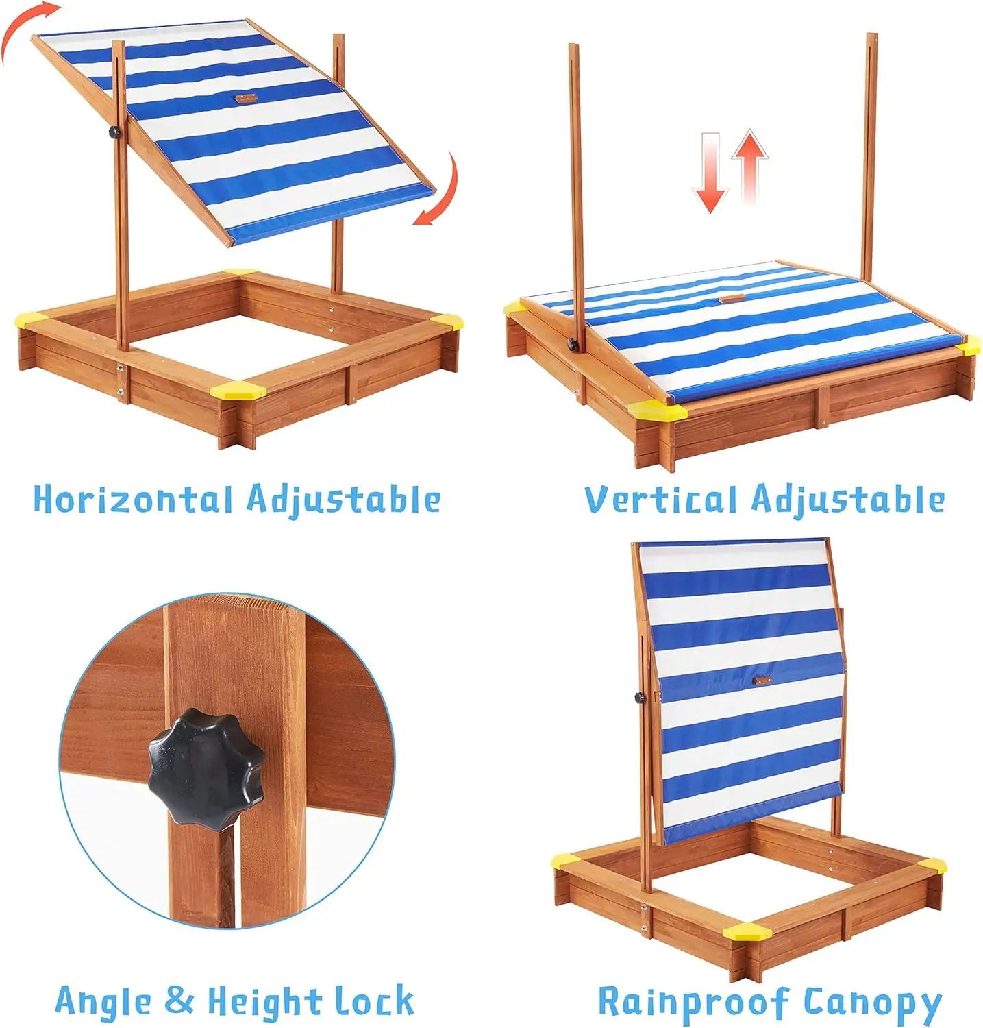 Sandbox per bambini con coperchio, sabbiera da esterno in legno da 46 ''x 46'' con baldacchino regolabile per il gioco in cortile